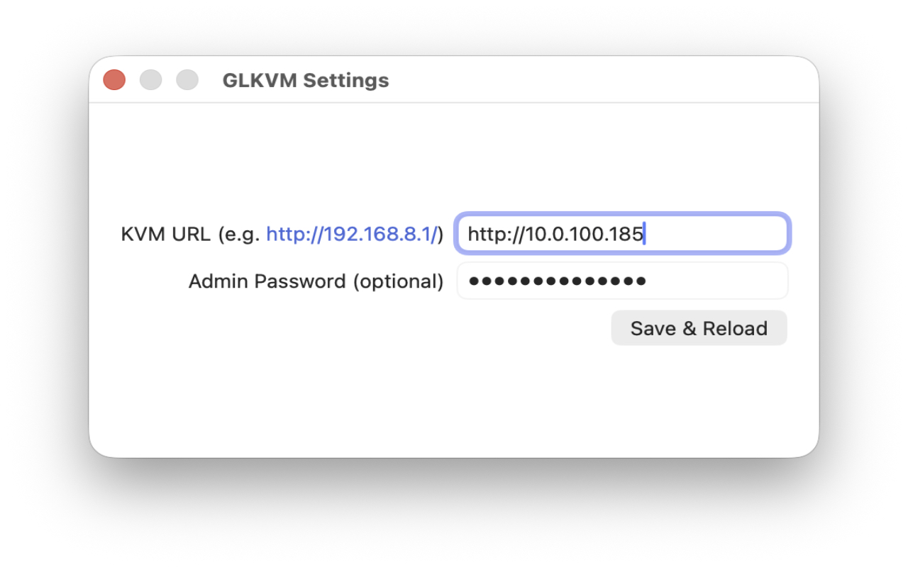 GLKVM settings dialog with KVM URL and password fields