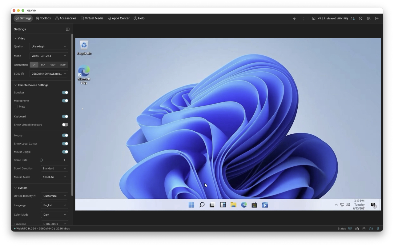 GLKVM settings pane with video and device settings