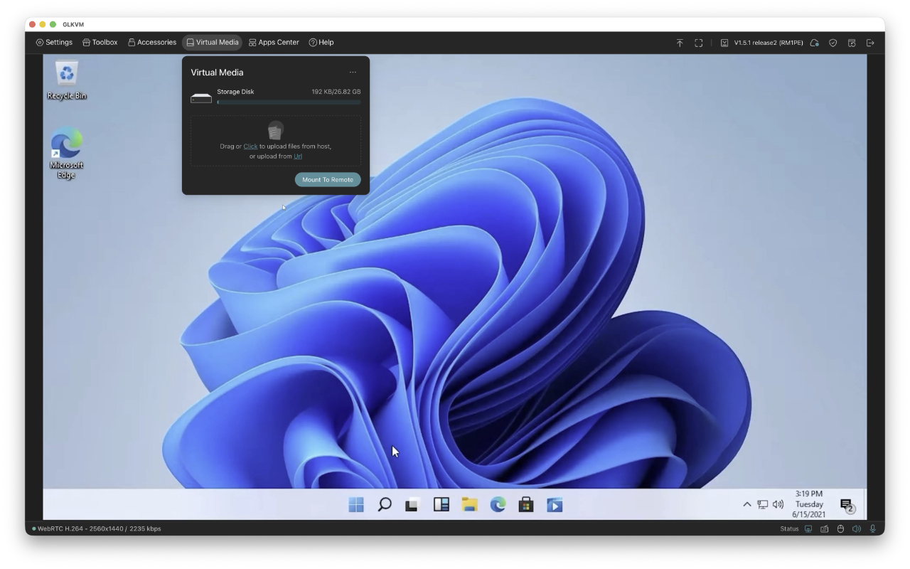 Windows desktop showing GLKVM Virtual Media dialog mounted to remote