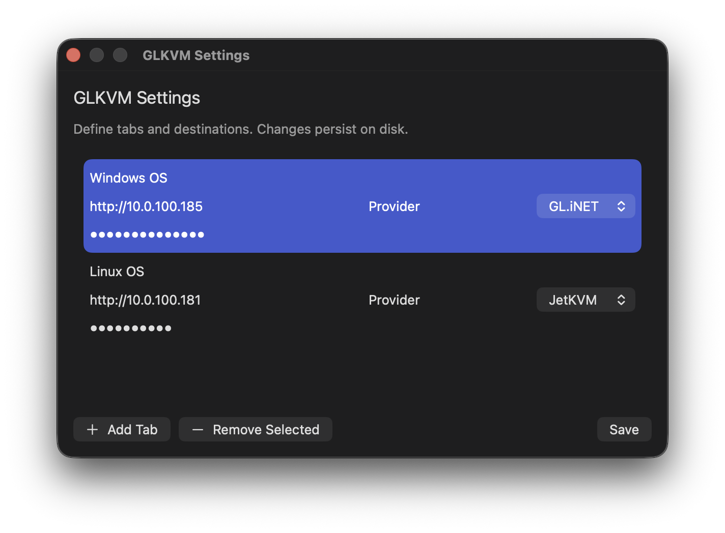 GLKVM app window showing settings and controls
